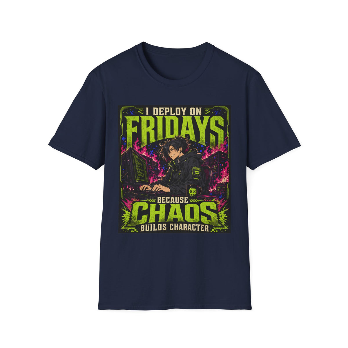T-Shirt — "I Deploy on Fridays Because Chaos Builds Character" Anime Graphic Tee