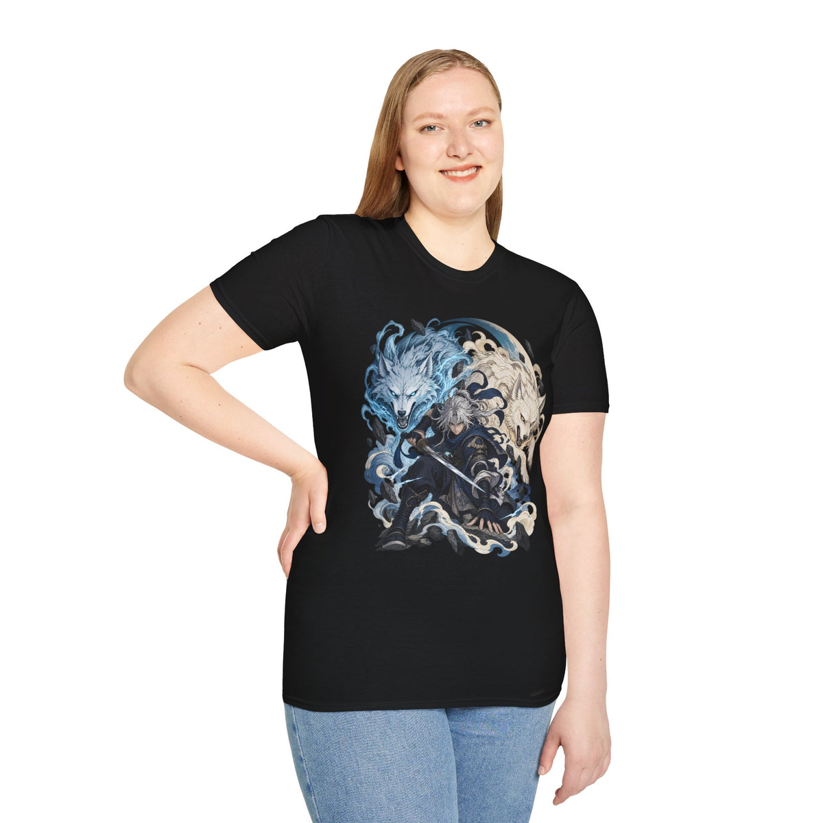 Wolf Spirit T-Shirt | Japanese Samurai | Yin Yang Blue & White Wolves Graphic Tee