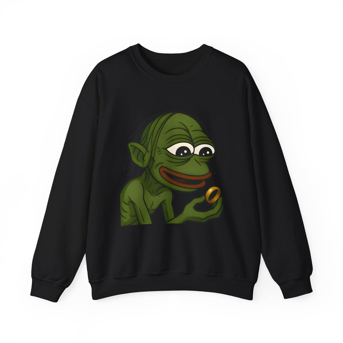 Crewneck Sweatshirt — Cartoon Goblin Holding Ring Graphic