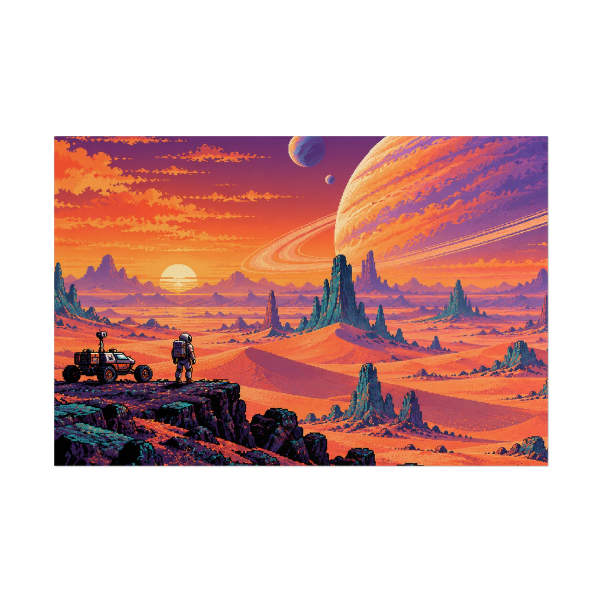 Retro Sci‑Fi Planet Landscape Poster — Vibrant Explorer Art Print (Rolled)