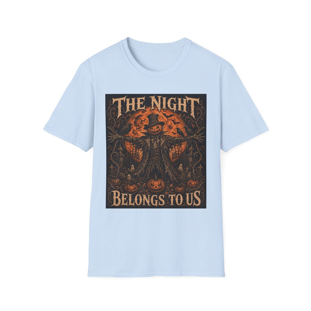 Halloween Scarecrow T-Shirt — "The Night Belongs To" Spooky Pumpkin Graphic