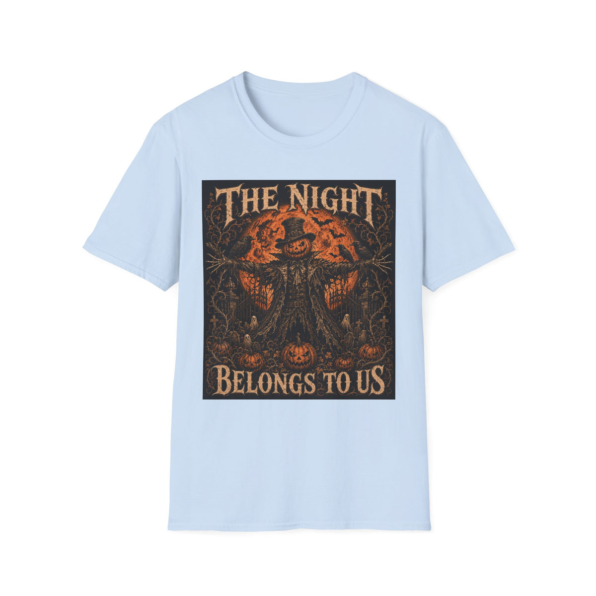 Halloween Scarecrow T-Shirt — "The Night Belongs To" Spooky Pumpkin Graphic