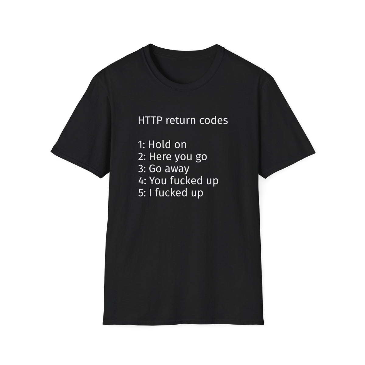 HTTP Return Codes T-Shirt — Funny Programmer Tee ("1: Hold on, 2: Here you go, 3: Go away"), product image showing the front design.