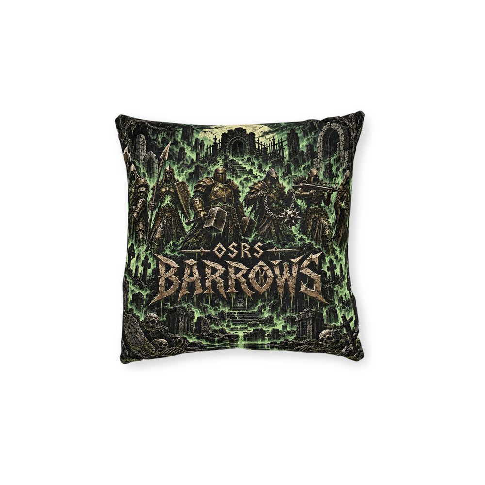 Old School RuneScape cushion artwork: Armoured figures gather among mossy gravestones and broken arches beneath the OSRS and Barrows names.