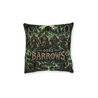 Old School RuneScape cushion artwork: Armoured figures gather among mossy gravestones and broken arches beneath the OSRS and Barrows names.