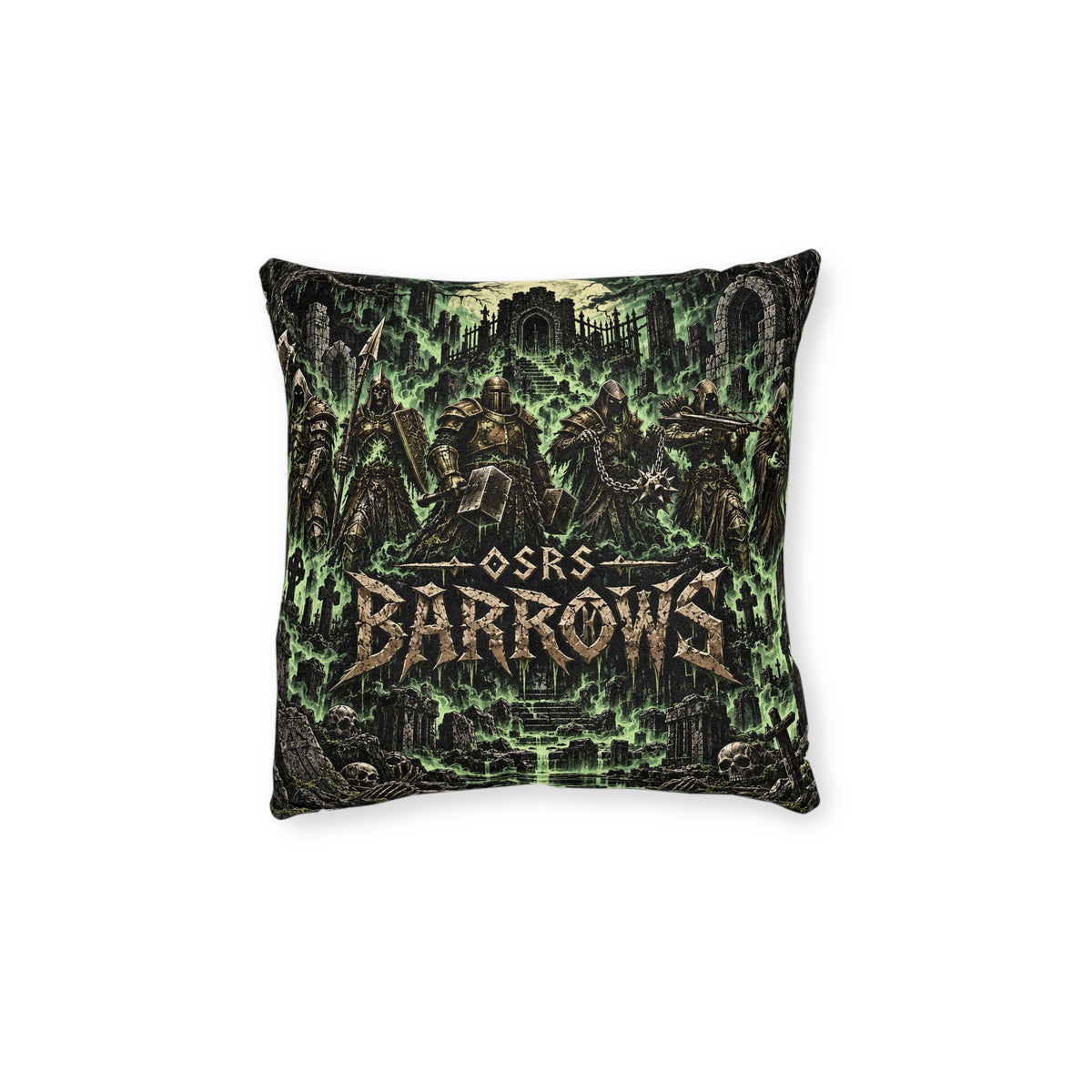 Old School RuneScape cushion artwork: Armoured figures gather among mossy gravestones and broken arches beneath the OSRS and Barrows names.