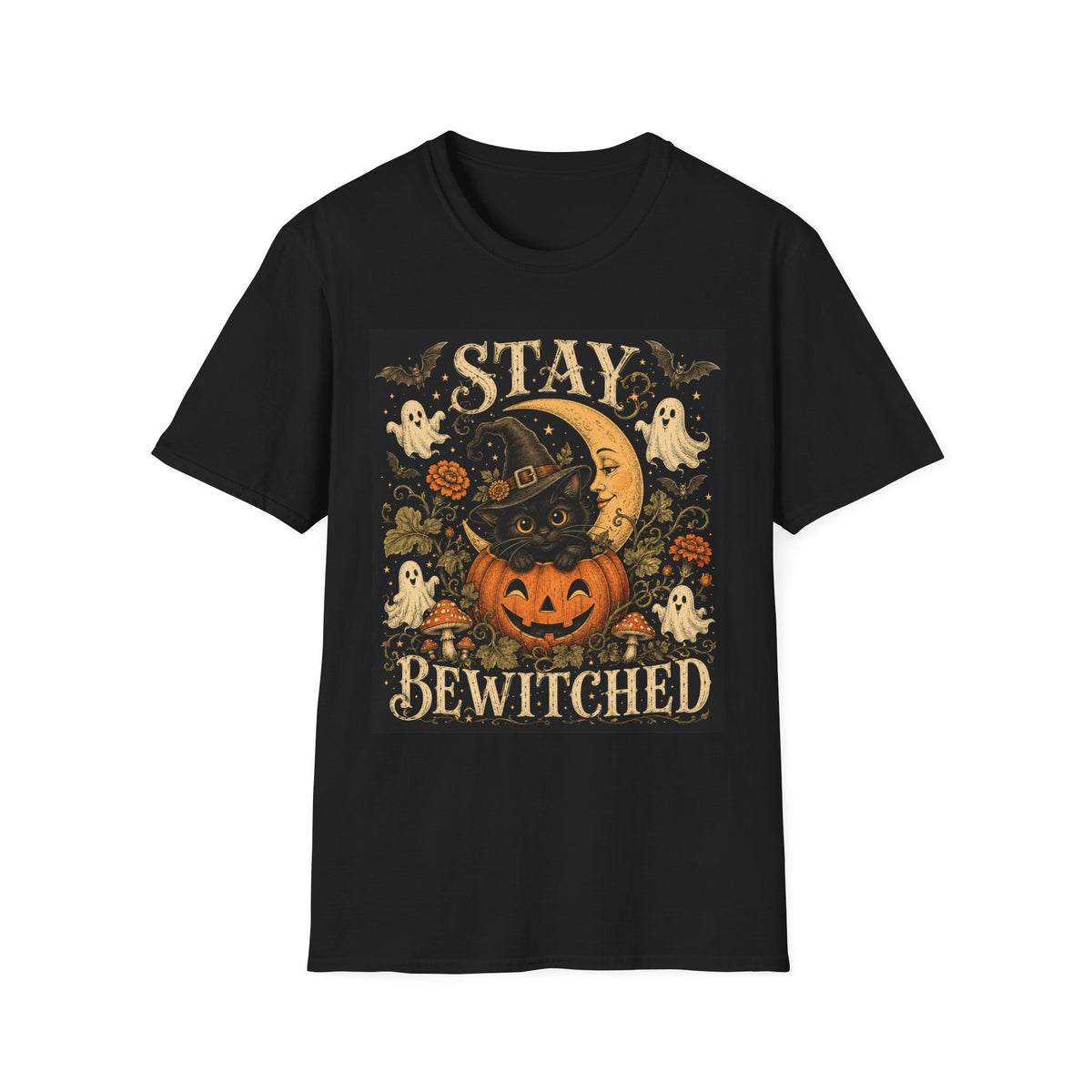 Halloween 'Stay Bewitched' T‑Shirt — Vintage Moon, Black Cat & Pumpkin Design