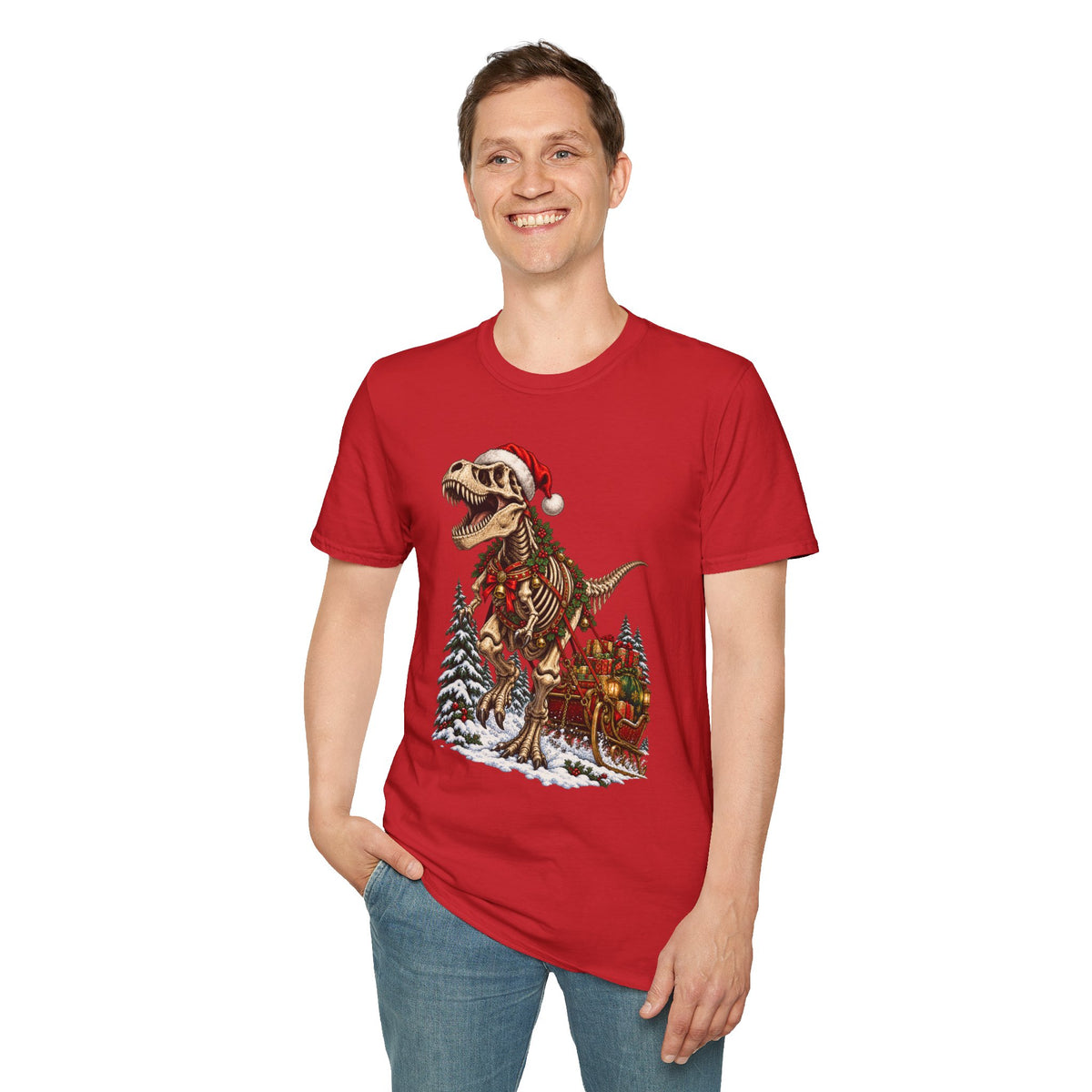 T-Rex Sleigh | Dinosaur Fossil Christmas T‑Shirt